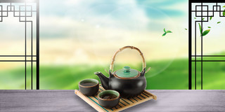 绿色场景茶叶茶具窗户木板茶田春茶茶文化茶叶展板背景春茶茶文化茶叶背景